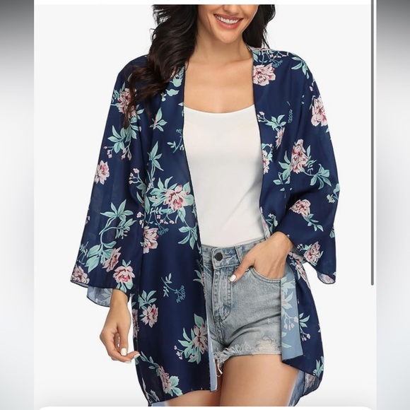 Women's 3/4 Sleeve Floral Kimono Cardigan, Sheer Loose Shawl Chiffon Cover-Up - Picture 2 of 10